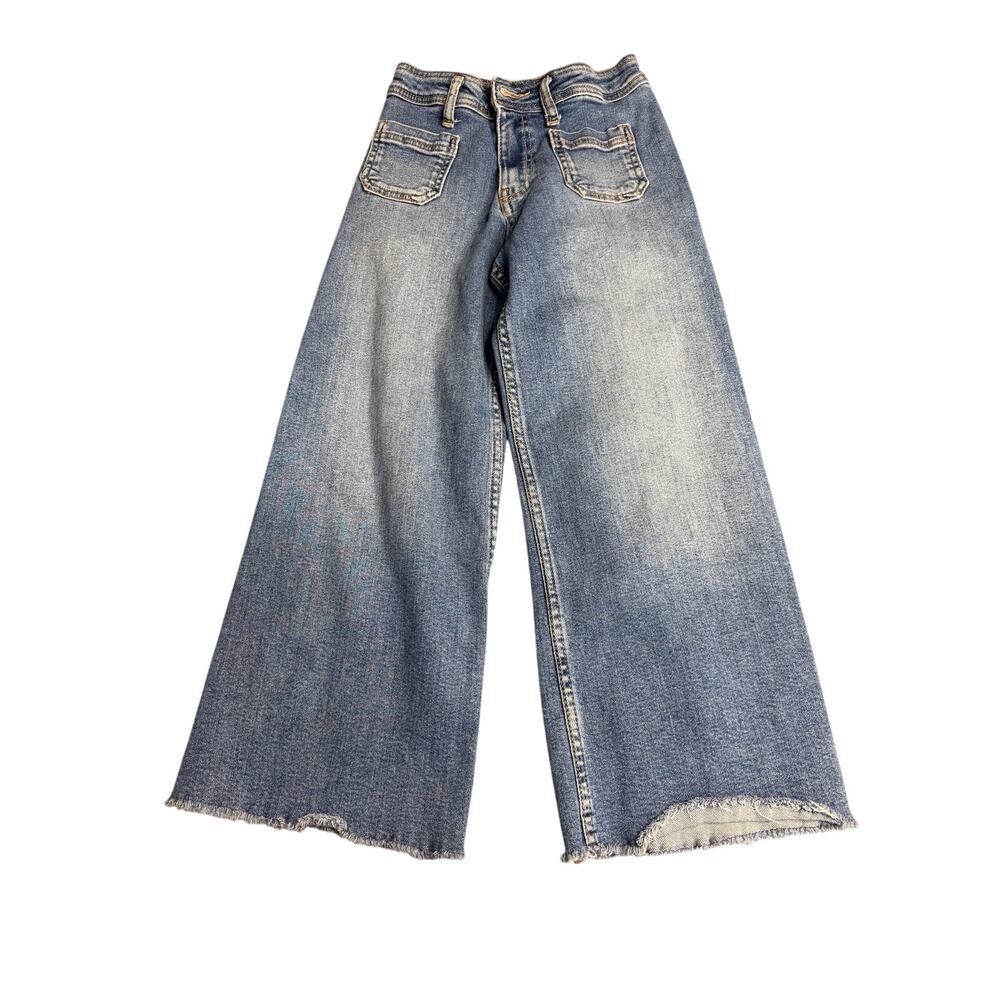 Zara Wide Leg Cropped Jeans Girl's Size 9 Light‎ Wash Raw Hem High Rise Denim
